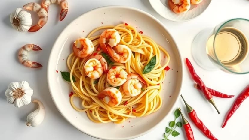 Pasta räkor chili vitlök vitt vin enkelt och gott